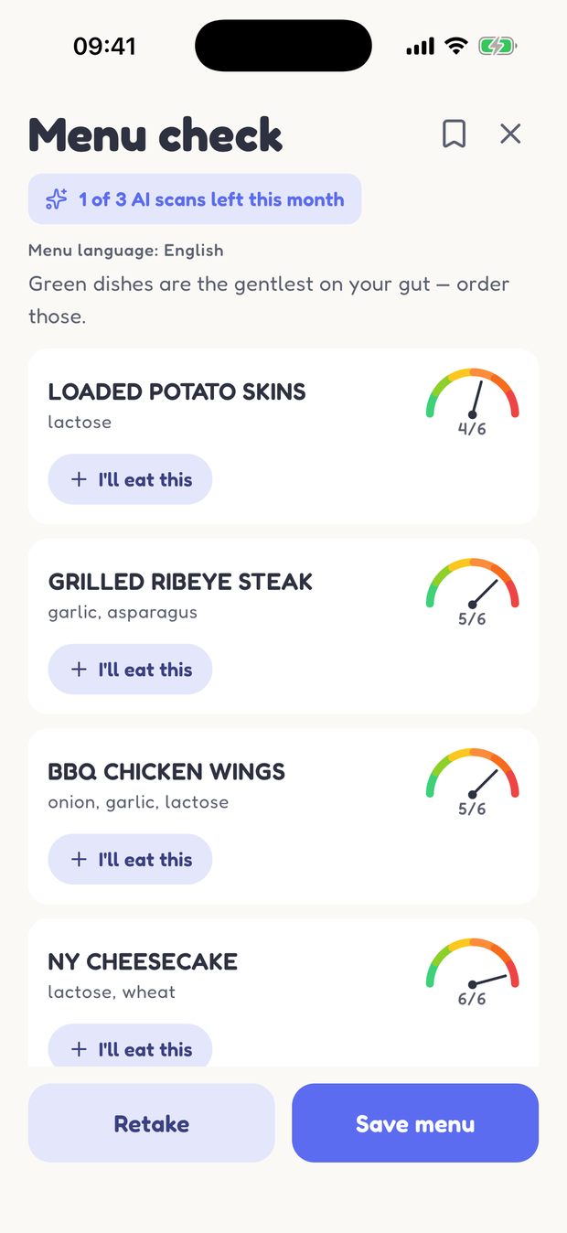 Rumbelly Menu check: Gerichte sortiert, die sanftesten zuerst