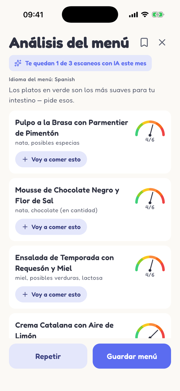 Menu check de Rumbelly: platos ordenados, los más suaves primero