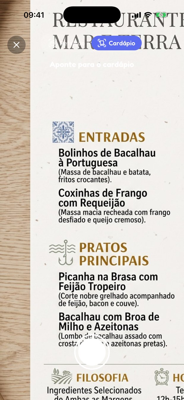 Câmera do Rumbelly apontada para um cardápio de restaurante